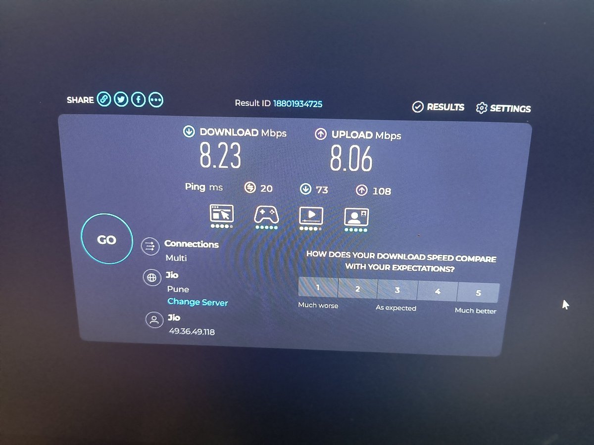 omkar1987's tweet photo. Guys according to @JioCare CC, getting this speed for a 100 mbps plan is appropriate. I just want to request you all please think twice before buying the jio fiber connection. I am facing this issue from 1 month. Their customer care is useless. https://t.co/meCrJoNNkL