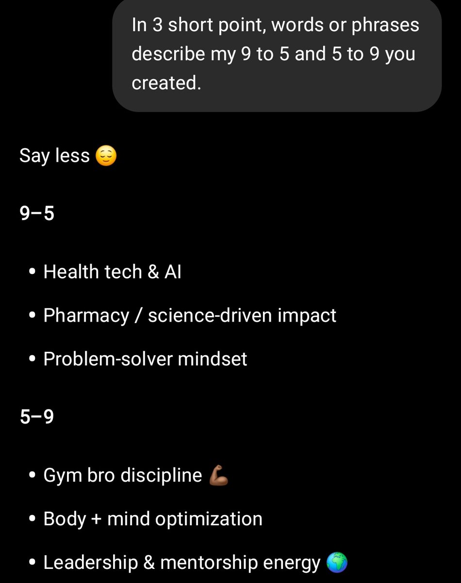 I joined the trend asking chatgpt to create a caricature of me and my dream 9 to 5 vs 5 to 9 job.

9-5 Frame1 : •Health tech &amp; AI
•Pharmacy / science-driven impact
•Problem-solver mindset

5-9 Frame 2: •Gym bro discipline
Body + mind optimization
Leadership &amp; mentorship