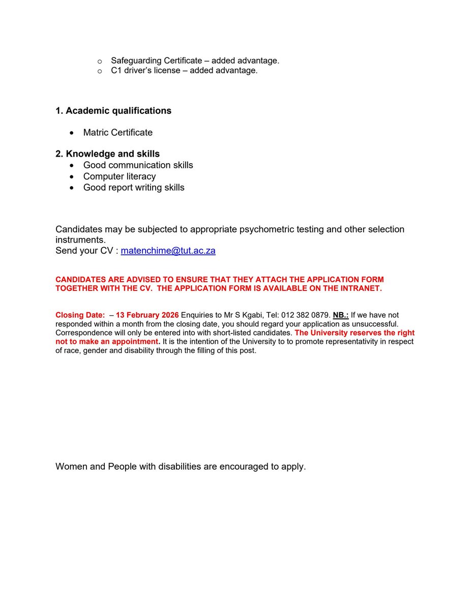 Tshwane University Of Technology is hiring!

1. Office Assistant
2. Team Leaders: Cleaning x2
3. Administrative Assistant: Coaches 
4. Administrative Assistant: Office Assistant

Closing Date 13 February 2026
Location: Ga-Rankuwa, Soshanguve, Arcadia, Giyani