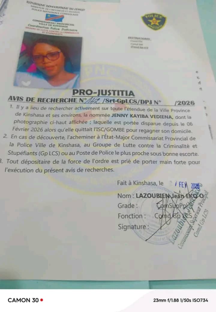 ebalemozindo's tweet image. #RDC: #KINSHASA. 
ALERTE DISPARITION – JENNY KAYIBA (HEC-KIN) 🚨
​La famille est sans nouvelles de Jenny Kayiba, étudiante à l’HEC-KIN (ex-ISC/Gombe), depuis hier. La situation est jugée très préoccupante.
​📍 Détails de la disparition :
​Lieu : Vue pour la dernière fois à