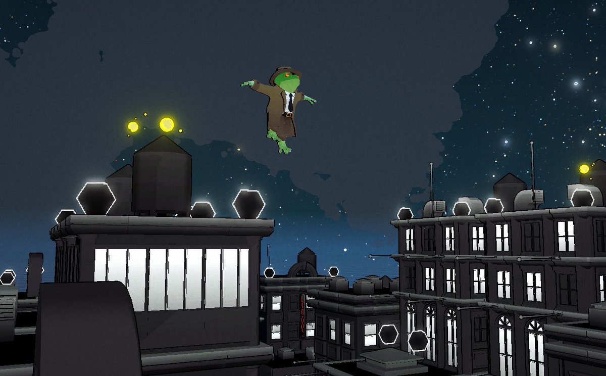 ARStudioNZ's tweet photo. Become the uptimate city slicker in Frog Noir! A slick 1920s noir platformer where a detective frog hops through the city, chasing fireflies and jazz-soaked mysteries. Our submission for #BigMode #GameJam - built in #unity and #blender play now on https://t.co/EjaFiLu9PE https://t.co/Qnw9JDJ41c
