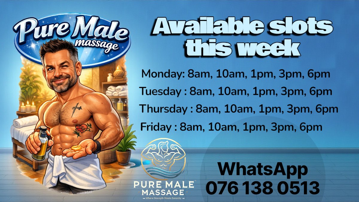 PureMale1's tweet photo. Slots available for this coming week.

#malemassage #m2mmassage #male #musclemen https://t.co/7APoXm3uWx