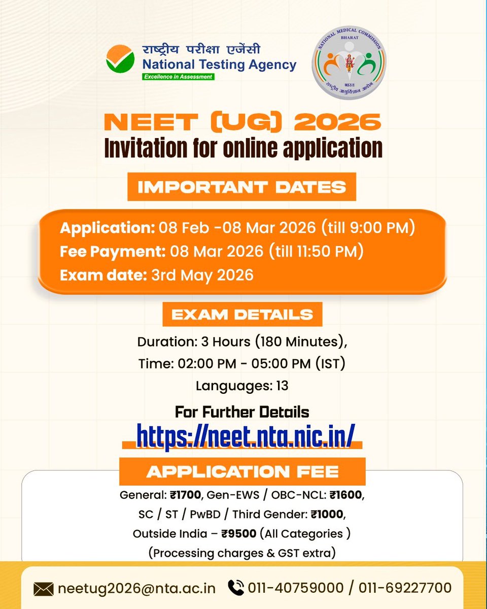 NTA_Exams's tweet image. 📢 NEET (UG) 2026 Alert! 🩺
The National Testing Agency (NTA) has officially invited online applications for NEET (UG) 2026.
🗓️ Registration: Feb 08 – Mar 08, 2026
📝 Exam Date: May 03, 2026
🔗 Apply here: neet.nta.nic.in
Don't wait until the last minute! #NEET2026 #NTA