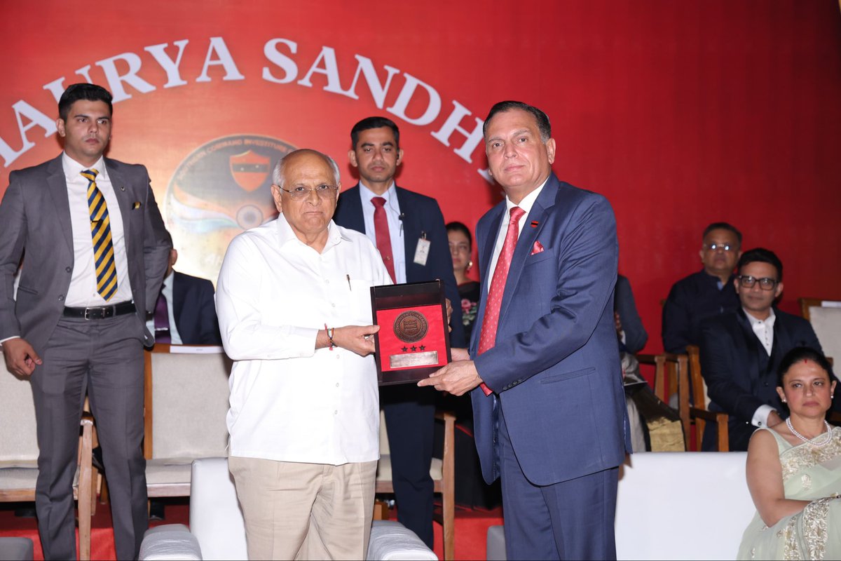 IaSouthern's tweet photo. ‘𝐒𝐡𝐚𝐮𝐫𝐲𝐚 𝐒𝐚𝐧𝐝𝐡𝐲𝐚’, the grand cultural evening organised as a tribute to the valiant bravehearts of the #IndianArmy, was held at Mahatma Mandir, Gandhinagar, as part of the Southern Command Investiture Ceremony 2026. 

The ceremony was graced by the presence of Hon’ble Chief Minister of Gujarat, Shri Bhupendra Patel. Lt Gen Dhiraj Seth, PVSM, UYSM, AVSM, General Officer Commanding-in-Chief, #SouthernCommand, Air Marshal Tejinder Singh,PVSM, AVSM,VM, AOC-in-C, South Western Air Command, along with other senior dignitaries attended the ceremony.

The event highlighted the synergy of Diplomacy, Economy, Defence & Technology driving Bharat’s progress and global standing. Mesmerising performances blended History, Culture, Martial Arts and a Drone Show, paying tribute to the courage, sacrifice and dedication of the citizens strengthening the nation.

‘Shaurya Sandhya’ embodied the spirit of courage, resilience and national pride, in alignment with the national vision of #ViksitBharat. It showcased the Armed Forces’ glorious traditions, valour and indomitable spirit, reaffirming the #IndianArmy’s commitment to duty, honour and the welfare of the nation.

#IndianArmy 
#SouthernCommand
#KonarkCorps
#GoldenKatarDivision
@SpokespersonMoD
@HQ_IDS_India
@adgpi
@CMOGuj 
@KonarkCorps 
@PRODefPune
@DefencePRO_Guj