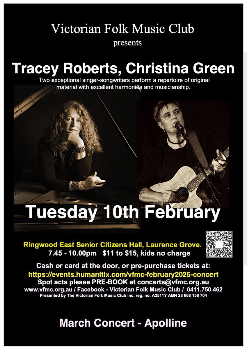 CHRIS_CoSoP's tweet photo. Really looking forward to this performance with Tracey Roberts at the Victorian Folk Music Club, Ringwood, Tuesday 10th February. 7:45pm - 10:00pm. All details on flyer. A great listening venue and folky space. https://t.co/smVsp5uDQP