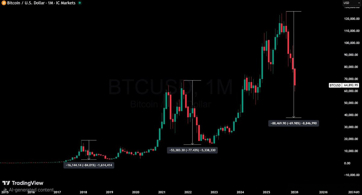 $BTC bear market drawdowns:
2011: –93%
2015: –86%
2018: –84%
2022: –77%

Each cycle gets ~7% less brutal.

If $126K is the top → –70% = $38K bottom.

Everyone buying the “dip” at $69K, $60K, $50K…
I’ll be waiting at $38K.

History doesn’t repeat — it rhymes.