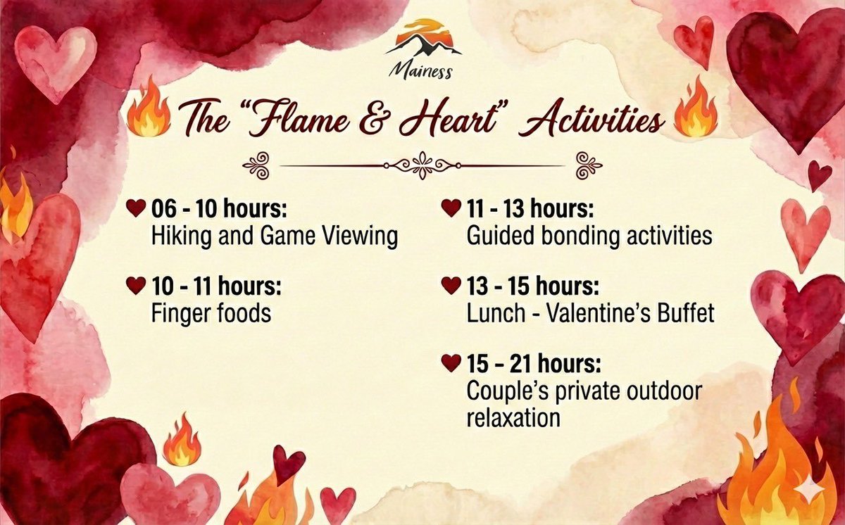 mainess_ranch's tweet photo. This Valentine’s, don’t just book dinner… book an experience ❤️
Mainess Ranch presents Valentine’s in the Bush - where love meets nature, adventure and a “Flame &amp; Heart” buffet made to impress. https://t.co/Stg5wqGE2q