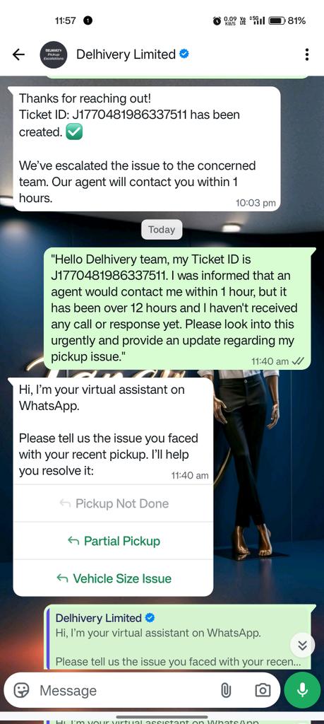 mr_rahim011's tweet image. "@delhivery @delhiveryhelp
My business is suffering at Fancy Mens Wear Segaon due to your delayed pickup. Ticket ID J1770481986337511 is open for 13+ hours with NO response despite a 1-hour promise.
Please resolve this immediately! #Delhivery #CustomerService #LogisticsIssue"