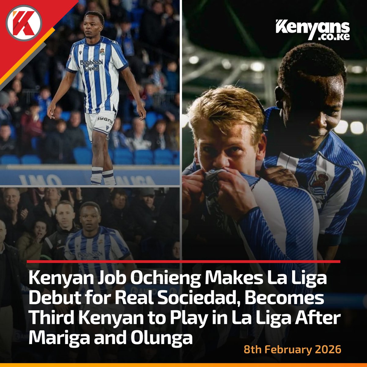 Kenyans's tweet image. Kenyan Job Ochieng makes La Liga debut for Real Sociedad, becomes third Kenyan to play in La Liga after Mariga and Olunga