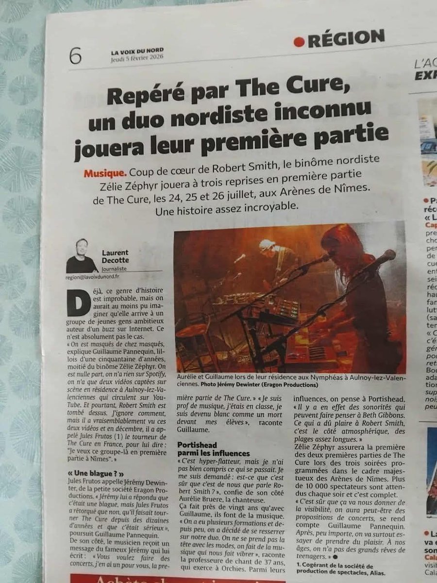 Incroyable ! ✨ Ma prof de chant et son musicien ont été repérés par <a href="/RobertSmith/">ROBERT SMITH</a>  en personne pour assurer la première partie de <a href="/thecure/">The Cure</a>  ! 🎸

Rendez-vous aux <a href="/ArenesdeNimes/">Arenes de Nimes</a>  pour un moment historique. 🙌

#TheCure #FestivalDeNimes #OpeningAct #Nimes