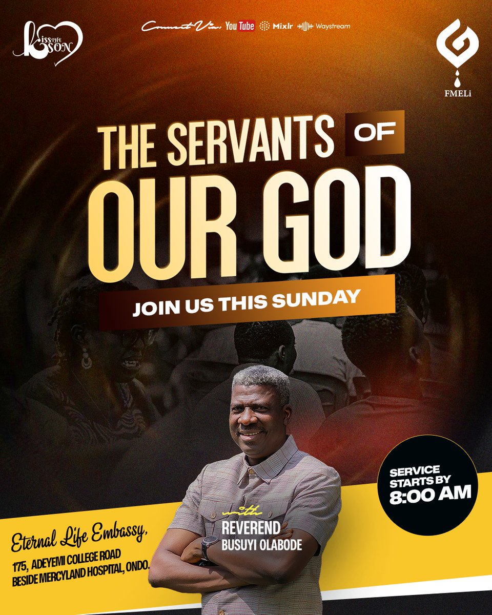 NOW LIVE

Sunday Service is LIVE.

Kindly Connect via: fmeli.org/listenlive OR eternallife.mixlr.com
 for audio 
OR
youtube.com/eternallifeemb… for Video.

#KisstheSon
#FMELiCommunications