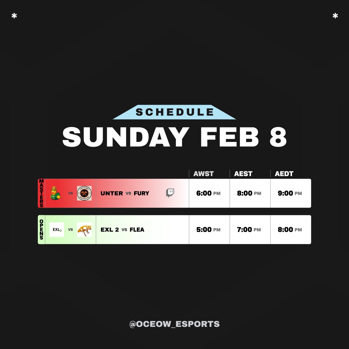 OCEOW_ESPORTS's tweet photo. #FACEIT OCE PLAYOFFS UPPERBRACKET ROUND 2

🔸Masters: @untersirables vs @FURY_Global 
🔸Opens: @team_excel2 vs @fleaow 

⏰Games start in 1 hour! https://t.co/DDrz69MTSc