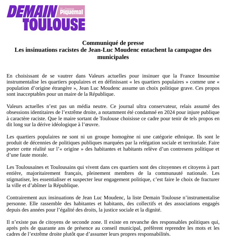 Retrouvez notre communiqué de presse suite aux insinuations racistes de Jean-Luc Moudenc 👇