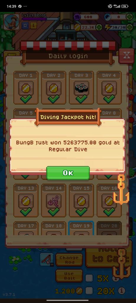 First of all, I would like to congratulate <a href="/DharmawanSu/">BungB</a> who has won the jackpot in diving 🥳☝️ 
And as usual spinning the daily wheel I got 200 xFISH🙌