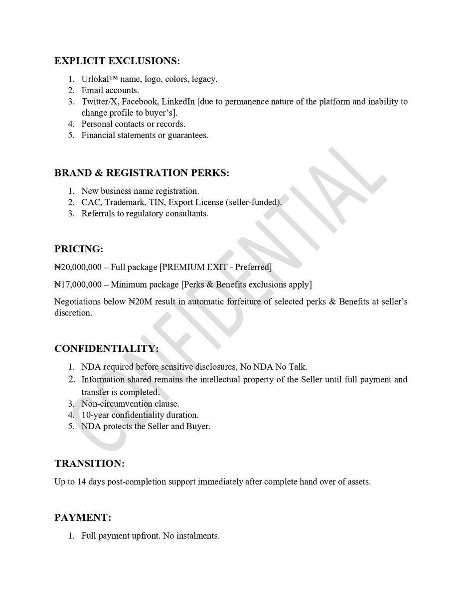 anic4uu's tweet photo. 🚨 BUSINESS FOR SALE

A 5-year-old manufacturing & distribution company in the local food/treats space, based in Benin City, is up for sale.

Included:

• CAC, NAFDAC, TIN & Trademark
• Existing suppliers & bulk buyers
• Social media accounts
• Full business handover (buyer continues operations seamlessly)
• Machines & equivalents

Excluded: Brand name. 

Asking price: ₦20m (adjustable based on included perks)

📌 CAC & business briefing images attached
This is a plug-and-play operation - buyer steps in and continues immediately.

All licenses and registrations are valid, and supplier/buyer introductions are part of the handover.

📍 Location: Benin City
📩 For pricing breakdown, financials, and next steps, please send me a DM

Serious inquiries only.