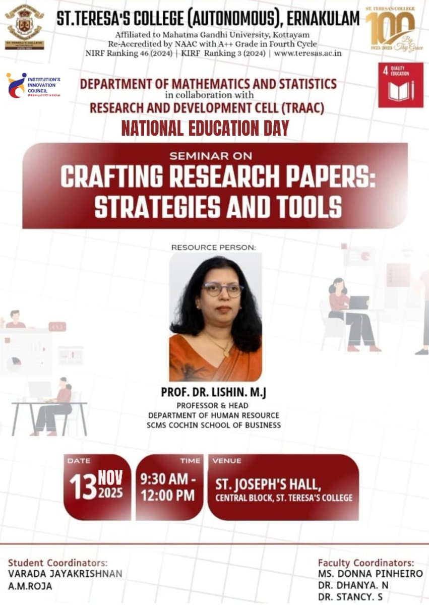 iic_st's tweet photo. Celebrating National Education Day with innovation! 🌟 In collaboration with the Institution’s Innovation Council (IIC), St. Teresa’s College (Autonomous), Ernakulam, conducted a seminar on “Crafting Research Papers: Strategies and Tools” on 13 Nov 2025. 📖💡 https://t.co/ABoF6R3jvY