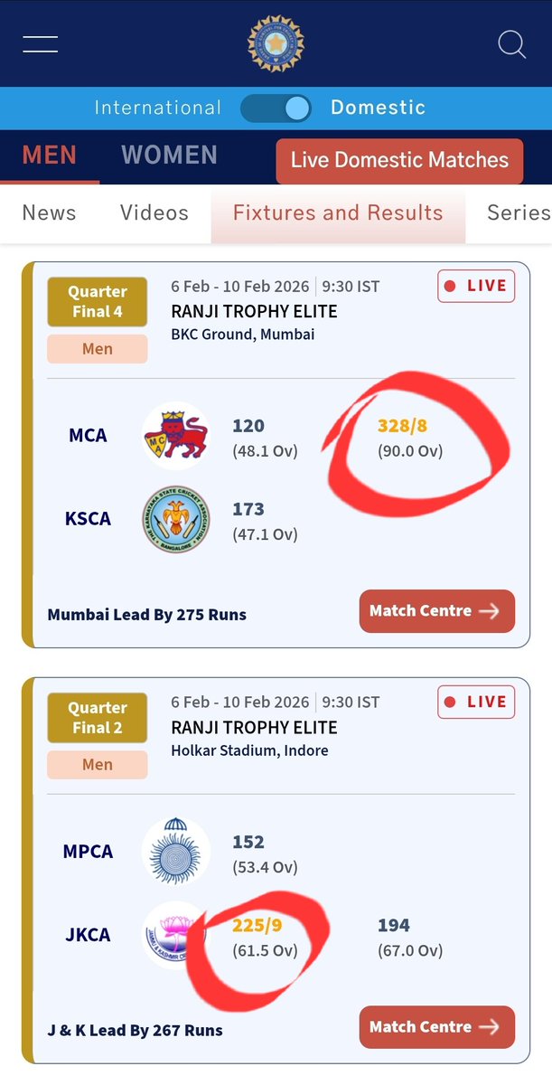 aadipa's tweet photo. Hey @BCCI,
Why such UI inconsistencies? Both are ongoing 3rd innings of matches. Why are they at different positions?
We can understand that hosts are at top row, but how can J&amp;K's ongoing inning be at 1st column which ideally is 1st innings as per any UX norms?

#UIUXDesign https://t.co/UTJ60V4QF9