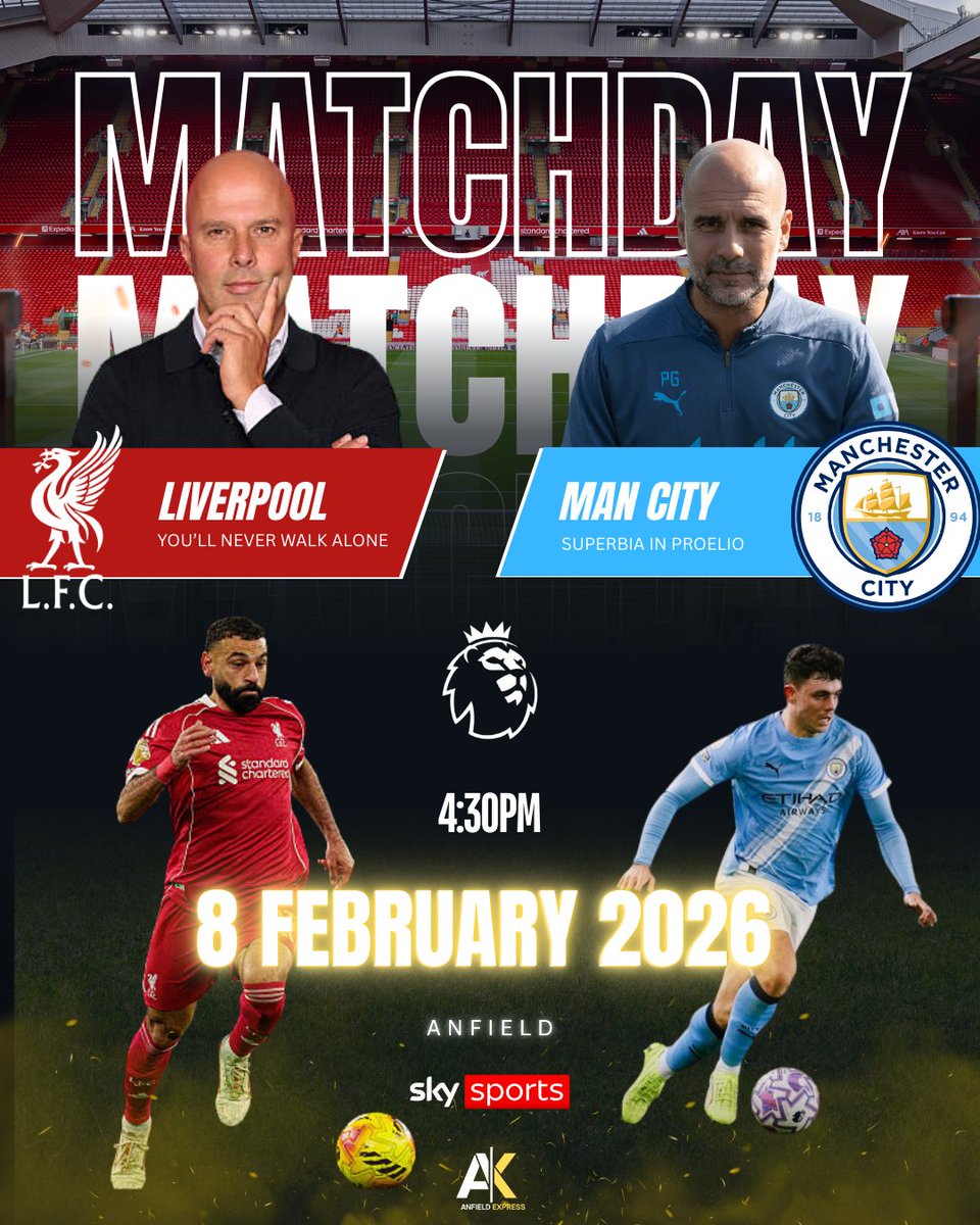 🚨 MATCHDAY! 🚨
🔴 Liverpool 🆚 Man City 🔵
🏟️ Anfield
⏰ Kick off: 4:30pm