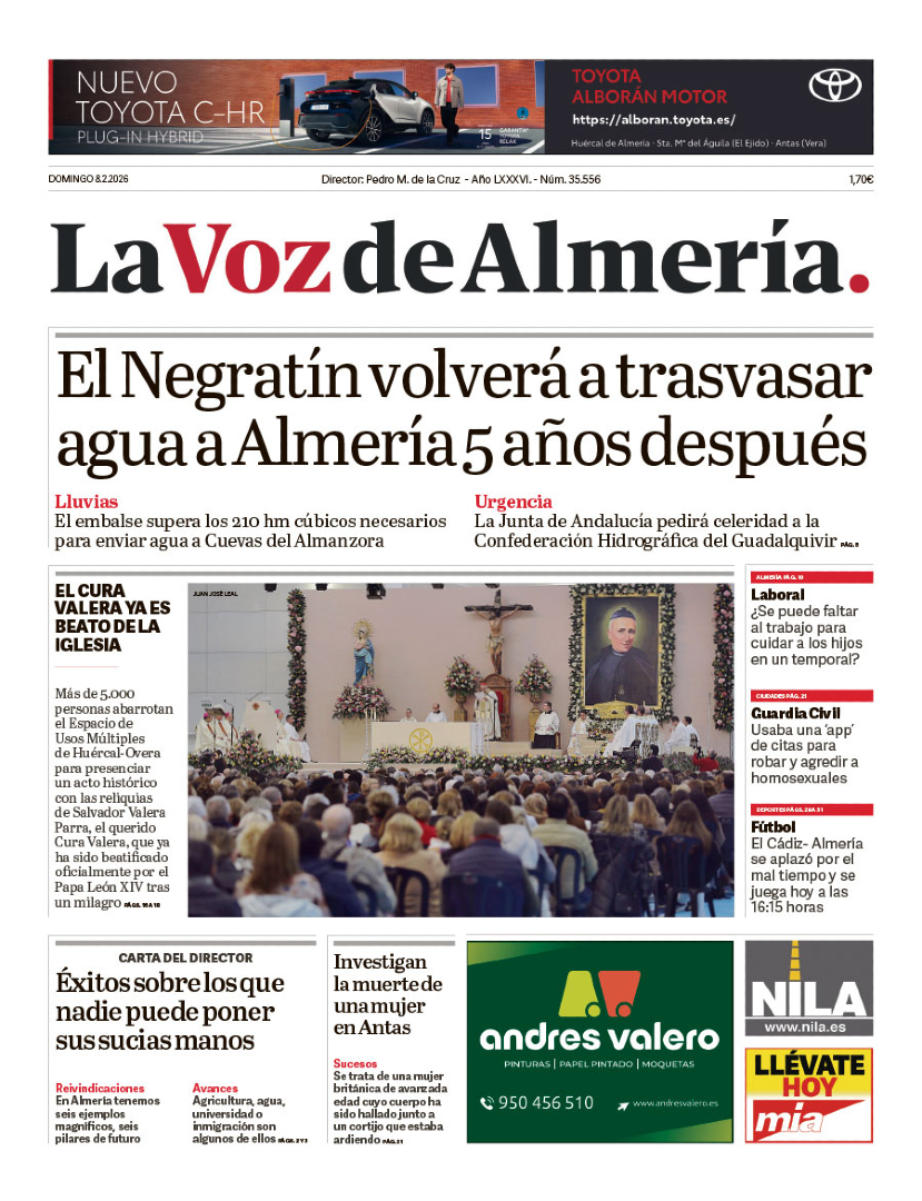 Domingo 8 de febrero de 2026 en #LaVozPortada 📰:
El Negratín volverá a trasvasar agua a Almería 5 años después.
¿Se puede faltar al trabajo para cuidar a los hijos en un temporal?.
👉 Más en lavozdealmeria.com