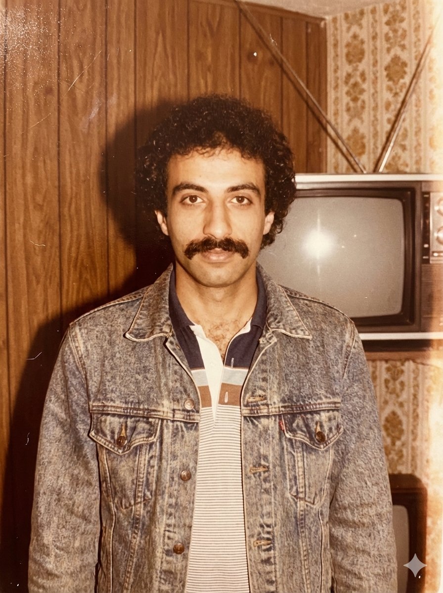 most_tantawy's tweet image. قولت ل gemini حط صورتي في حقبة الثمانينات مع تغيير مايلزم ليناسب هذه الحقبة ، من ناحية الألوان والأجواء, طلعني كده 😂