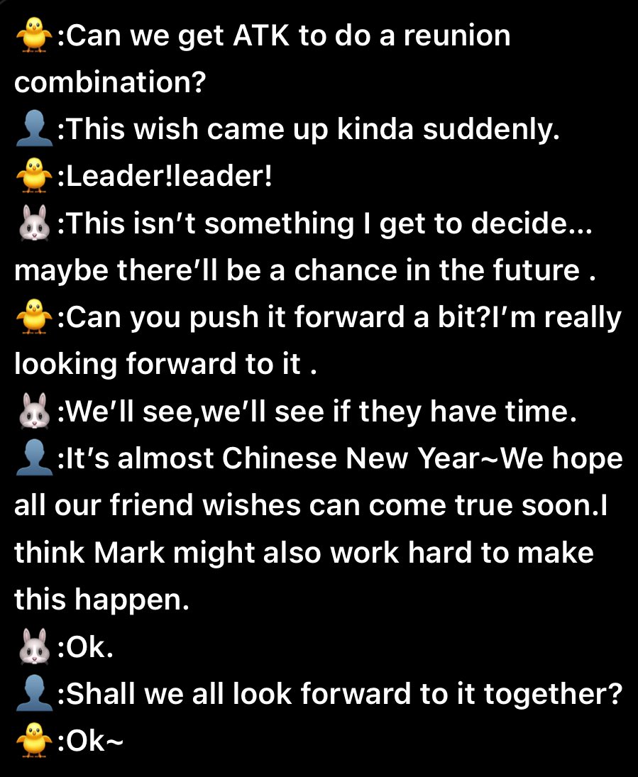 MsYbBnJ_7's tweet photo. 🐥:When can we see the ATK comeback?
🐰:This isn’t something I get to decide… maybe there’ll be a chance in the future.
we’ll see if they have time. 

#MarkTuan #Silhouettefancon_qingdao 
#BamBam #JacksonWang #AmeriThaiKong https://t.co/nZiVyS6wdw