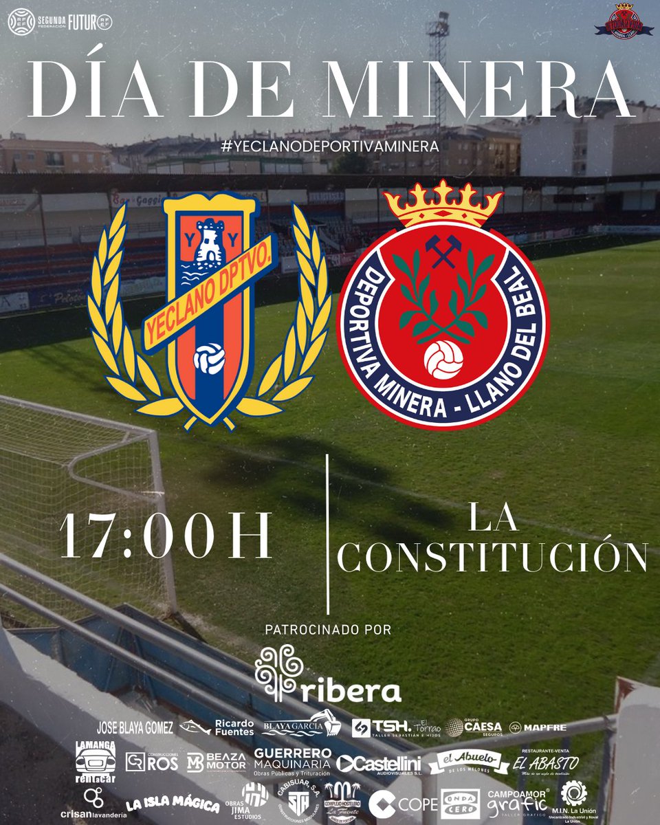 🤭Día de Minera y con un pedazo de derbi, no digo más

👉🏻Jornada 2️⃣2️⃣
🆚<a href="/Yeclano_dptvo/">Yeclano Deportivo</a> 
🕔17:00h
🏟️La Constitución 

⭐Ribera Salud 

#YeclanoDeportivaMinera
