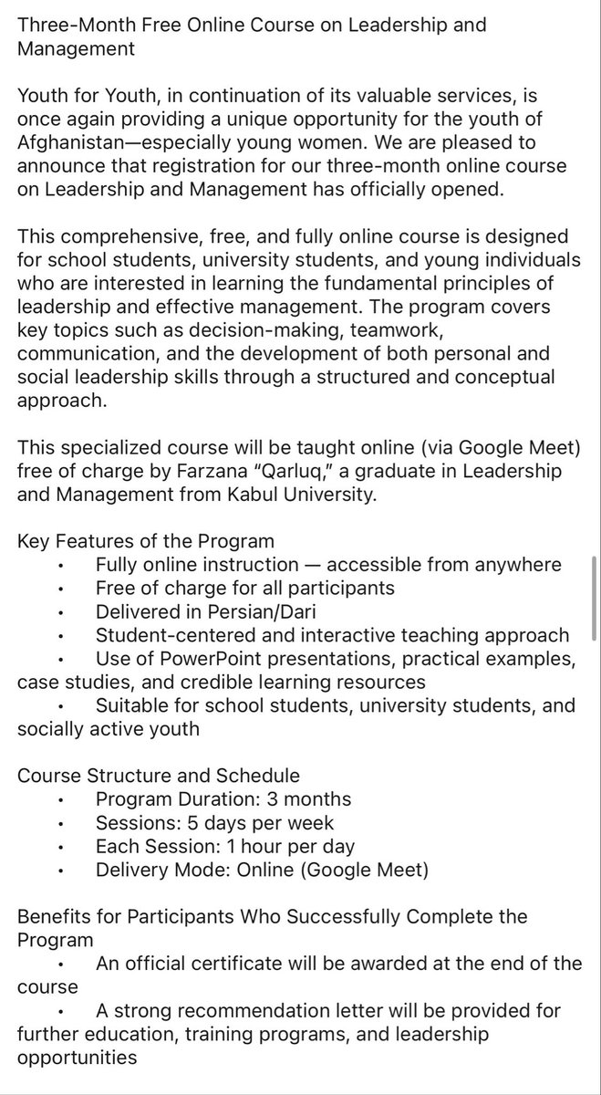 YouthForYouthAF's tweet photo. Three-Month Free Online Course on Leadership and Management
Application form: https://t.co/O70ybWjmqe
Application deadline: Tuesday, February 17, 2026
More details: 👇
#YouthForYouth #جوان_برای_جوان #Leadership #Management https://t.co/Jh2KQA5mQt