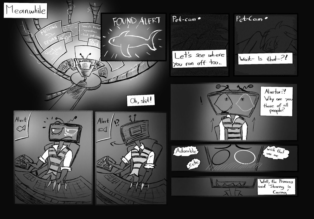 HellasLost's tweet photo. P. 12 of Pet-sitting. The shark signal finally activated, what will papa do now ? #HazbinHotel #RadioStatic #vox https://t.co/2IM5jBzJb7