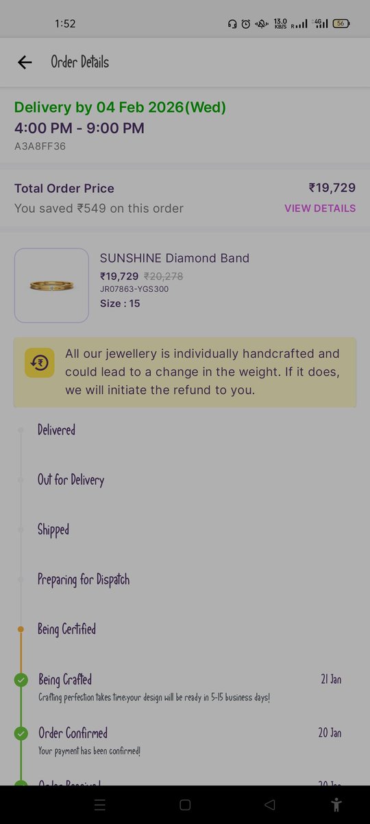 singgintherain's tweet photo. @CaratLane very poor customer service and delivery service my order was supposed to be delivered by Feb 4 and it's what it still says feb 4 what 2027? It's gold not some random freaking stone we are buying from you https://t.co/zNhfiuFcjK