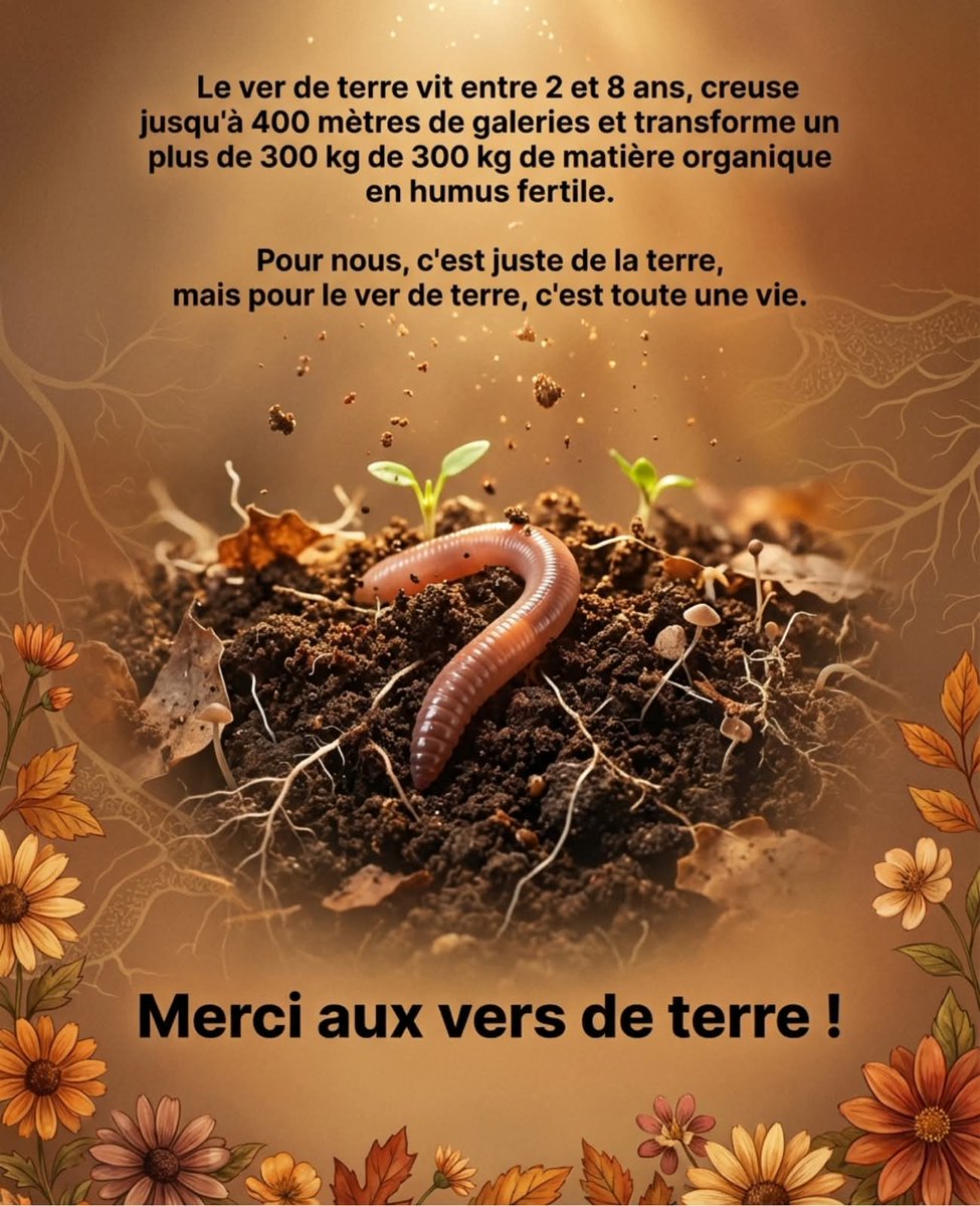 Loovenelle's tweet image. Le ver de terre vit entre 2 et 8 ans.
Durant ce temps, il creuse jusqu'à 400 mètres de galeries et transforme plus de 300 kg de matière organique en humus fertile.
Pour nous, c'est juste de la terre.
Pour lui, c'est le travail de toute une vie souterraine.