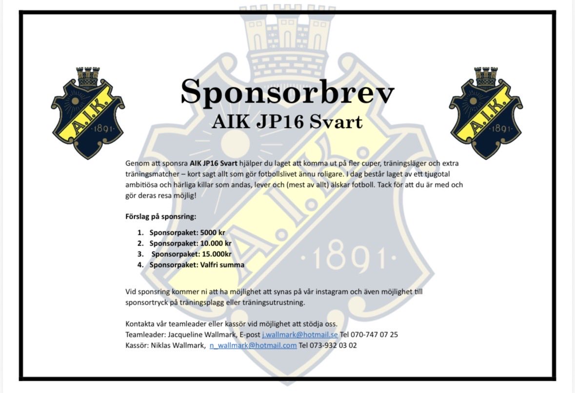 ⚽💛 AIK JP16 Svart söker sponsorer!
Ett gäng fotbollsälskande killar som vill åka på cuper, träningsläger &amp; spela fler matcher – och alla bidrag gör skillnad 🙌

Som sponsor får du synlighet &amp; hjälper ungdomsidrotten 💛🖤
📩 Hör av dig om du vill vara med!

#AIK