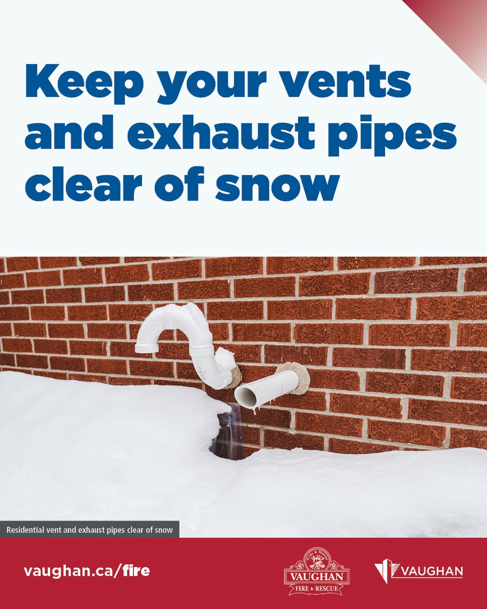 City_of_Vaughan's tweet photo. With fresh snow on the ground, Vaughan Fire and Rescue Service is reminding you to ensure your exterior vents and exhaust pipes are clear of snow and ice to prevent carbon monoxide from building up in your home. Learn more safety tips here: https://t.co/cEr7heSI46 https://t.co/CP8G3K7GnB