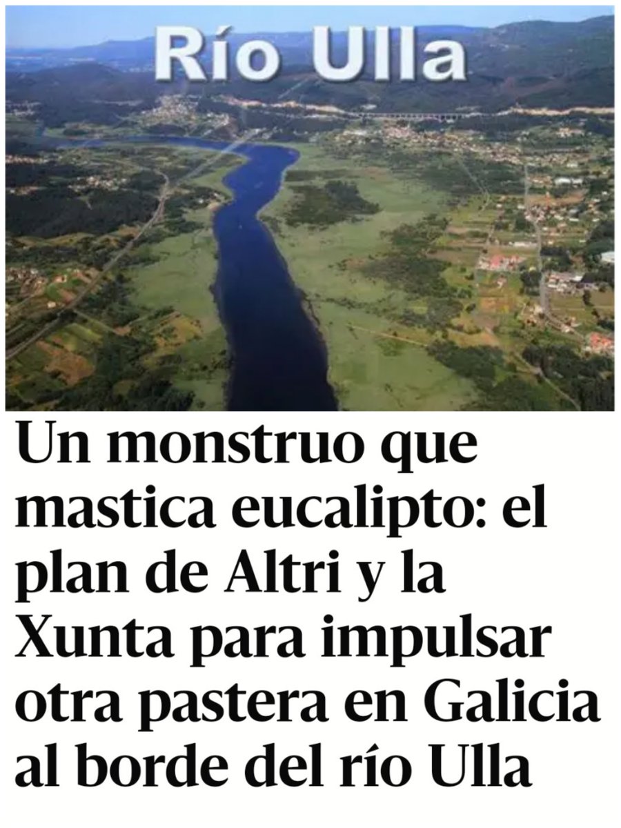 ALTRI, UN MOUNSTRUO DESTRUCTOR
Altri quiere procesar celulosa en una fábrica en Palas de Rei (Lugo) consumiendo 1,2 millones de toneladas de eucalipto al año, 46.000 metros cúbicos de agua diarios y expulsarán al Río Ulla toneladas de residuos 
#AltriNon
#StopEucalipto