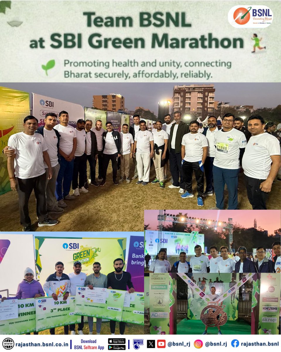 BSNL_RJ's tweet photo. Team #BSNL at #SBI Green Marathon 🌱🏃‍♂️
Team BSNL proudly participated in the SBI Green Marathon at #Jaipur this morning, showcasing unity, fitness, and commitment to a healthy lifestyle.

Through active participation, BSNL reaffirmed its dedication to spreading awareness about health and sustainability, while staying true to its motto — Connecting Bharat securely, affordably, and reliably.

Some glimpses of Team BSNL’s energetic participation and collective spirit at the event. 💚
#BSNLRajasthan #Marathon