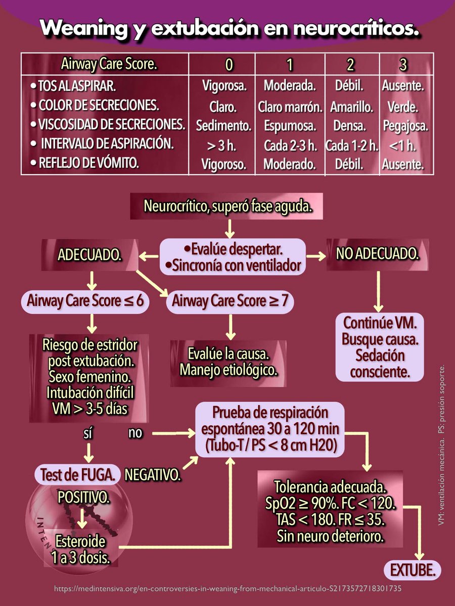 capsulas_de's tweet image. Un algoritmo de weaning de la ventilación mecánica en neurocríticos…

Fuente: Controversies in weaning from mechanical ventilation and extubation in the neurocritical patient. Medicina Intensiva (2018). 

Cápsula 678.
medintensiva.org/en-controversi…