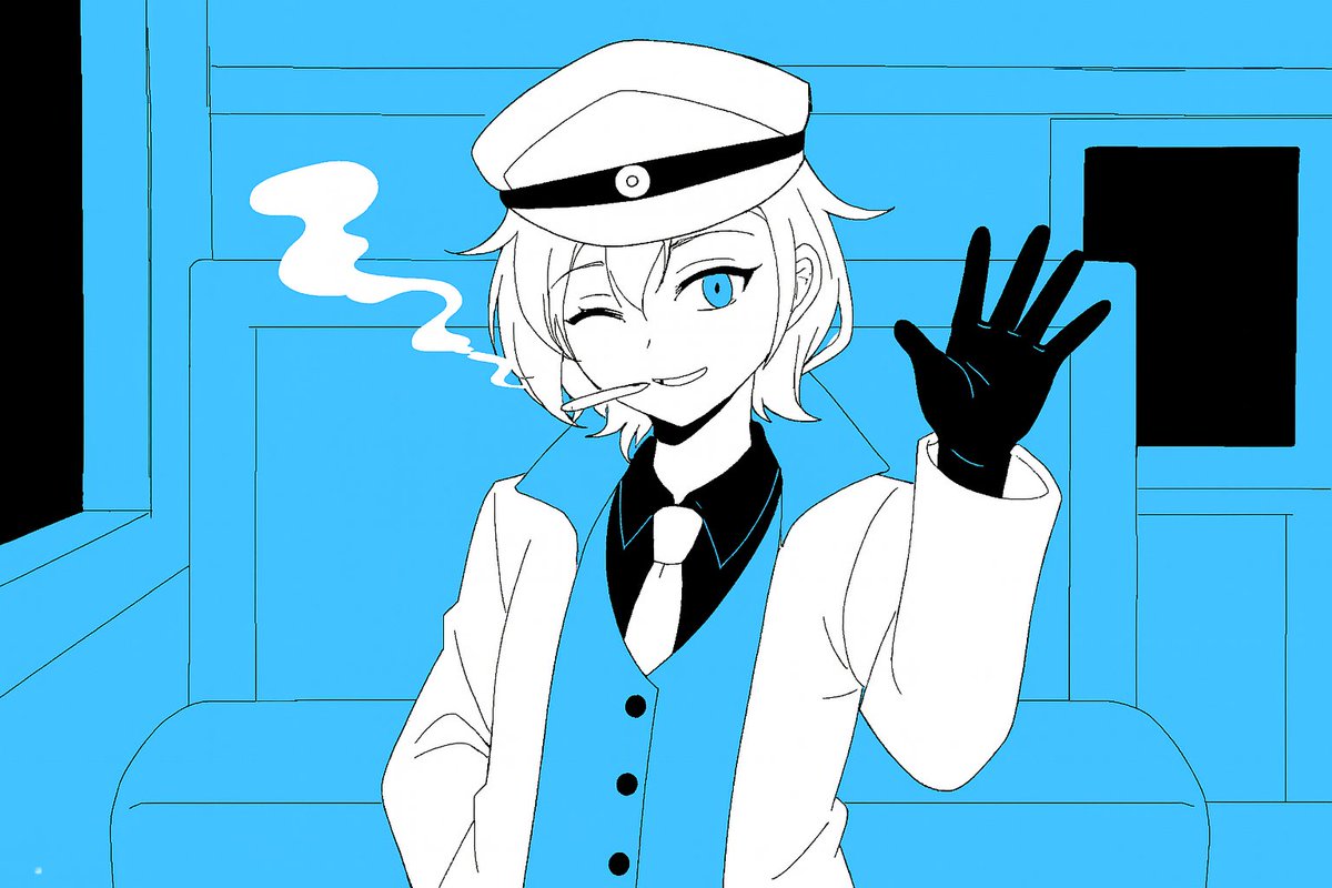 これは車掌さんの微笑み差分(結局使わなかった)を描くときに、イメージ湧かなすぎて試しにAIに「満面の車掌さん描いて！」ってお願いしたやつ。

絶対にしない顔すぎてお気に入り。
あとタバコがクソ雑。