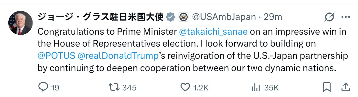 グラス大使の反応早すぎて笑う。選挙結果出てすぐこれ。日米関係の本気度が伝わってくるな。トランプ大統領も高市首相を「強く、賢い」と絶賛してたし、3月のホワイトハウス訪問が楽しみすぎる。この勢いで日米同盟さらに強化されそう。
#自民圧勝 #選挙速報