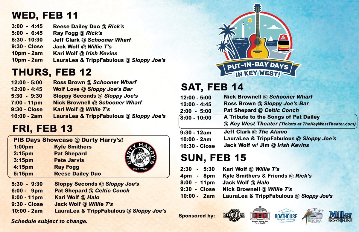 putinbaydays's tweet photo. Put-in-Bay Days in Key West kicks off this week at Rick’s on Wed, Feb 11.  Reese Dailey Duo plays st 3pm. Ray Fogg takes the stage at 5pm. Then the fun continues at other venues with Jeff Clark, Kari Wolf and LauraLea &amp; TrippFabulous! Slip on a PIB shirt and join the fun. https://t.co/8WHPJlRDpu