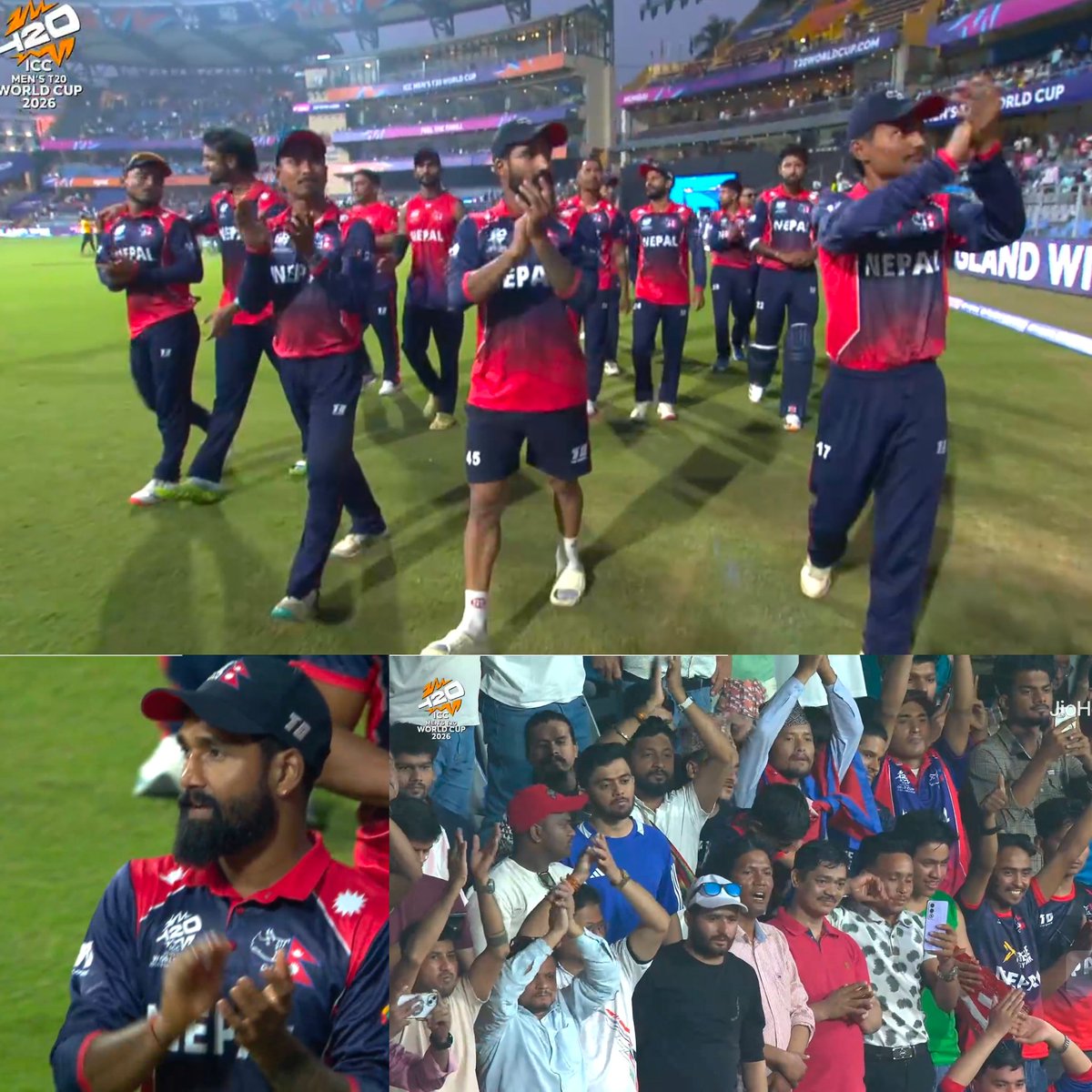 Shebas_10dulkar's tweet photo. Nepal thanked the Wankhede crowd and their fans for the incredible support after today’s match.

A spirited performance from Nepal, they fought like champions till the very end🇳🇵🔥 https://t.co/qvcnaLi1ae