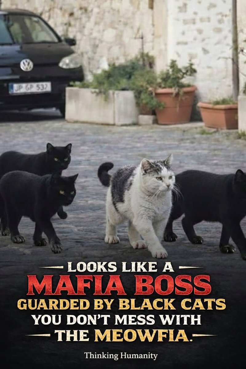I think I just witnessed a mafia boss…
protected by black cats.

You don’t mess with the Meowfia. 😼🐾

A photo circulating online looks like it was lifted straight from a crime movie—except the enforcers are feline. Calm. Silent. Perfectly placed. No chaos, no movement, just
