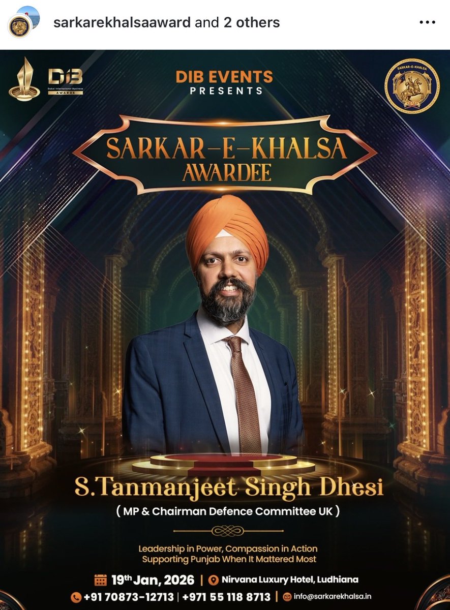 TanDhesi's tweet image. Incredibly honoured to have been bestowed with the Sarkar-e-Khalsa award for leadership, compassion and supporting the #Punjab when it mattered most (including recently with #FarmersProtest human rights).

Grateful for the love from the global #Punjabi community.🙏🏼