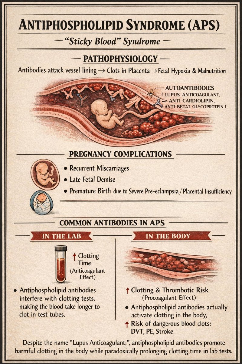 🚨 A patient has a prolonged aPTT
You expect bleeding.
Instead, they develop stroke, DVT, miscarriage.

Welcome to the Antiphospholipid Antibody paradox where labs lie and physiology wins 👇

1️⃣ The name is a lie
❌ aPL do NOT attack phospholipids
✅ They target