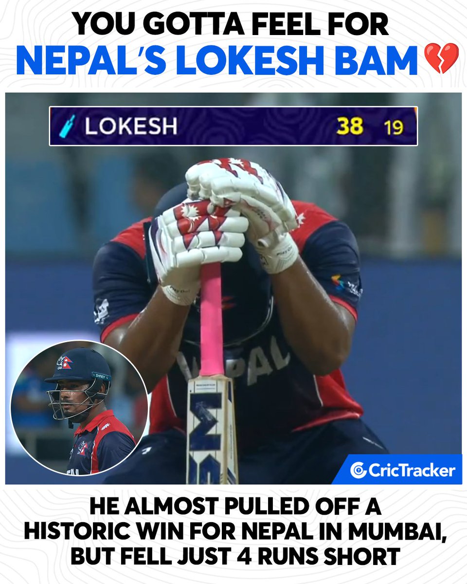 Cricketracker's tweet photo. Lokesh Bam played a brilliant unbeaten 39 off just 20 balls, but couldn’t quite take his team over the line.

Chin up, champ💪🇳🇵

📸: Jio Hotstar https://t.co/3uvY7VfSZl
