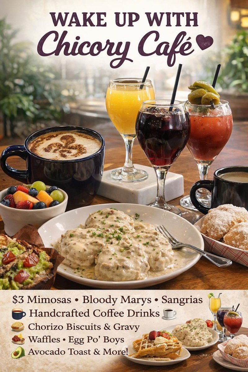 chicorycafe1's tweet photo. ☀️ Wake Up with Chicory Café ☕🥂

Start your morning the right way at Chicory Café! Sip on our handcrafted coffee drinks, indulge in our warm, powdered-sugar beignets, and enjoy $3 mimosas, $3 Bloody Marys, and $3 sangrias all day. https://t.co/viDN9T1XNo