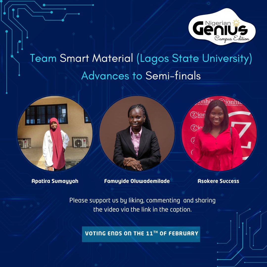 Happy Sunday ❤️

My baby sis is currently competing in The Nigerian Genius 2026 engineering competition
All you need to do is like the video,  comment and subscribe to the channel
Voting ends Feb 11.

youtube.com/post/UgkxNuzFP…

Thank you 🙏