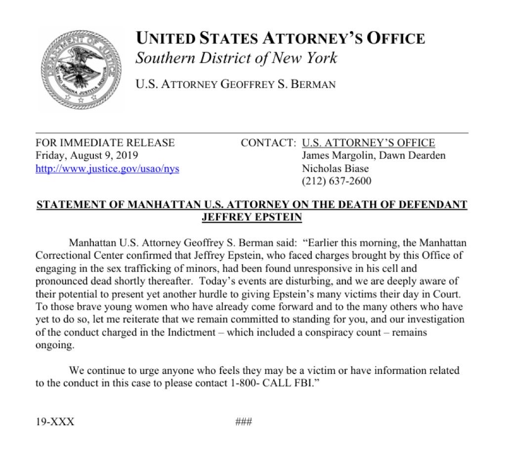 AFpost's tweet image. A draft statement from the US Attorney’s Office dated August 9, 2019, the day before Jeffrey Epstein’s death on August 10, 2019, states that Epstein was found dead in his cell.

Follow: @AFpost