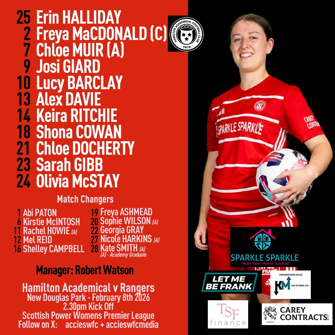 🔴 Todays Accies Team 

©️ <a href="/Freyamac23/">Freya Macdonald</a> Captains
✅ 1st start for <a href="/alexdavie_x/">Alex Davie</a> 
👋🏻 <a href="/KeiraRitchie13/">Keira Ritchie</a> and <a href="/chloedocherty21/">Chloe Docherty</a> come in to start 

Another enormous task awaits, but we go to give it everything we have 👊🏻