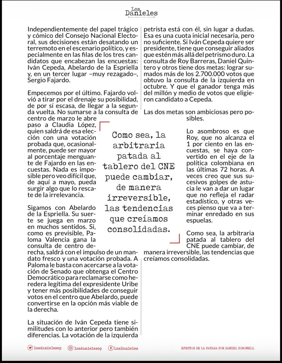 leaote's tweet image. El periodista @DCoronell en su columna de hoy #EfectosDeLaPatada, desnuda el actuar anti ético y anti democrático de un cuestionado organismo electoral como el @CNE_COLOMBIA, de oscuras raíces políticas, con algunos miembros sub judice, que actúan y deciden sin ética y sin…