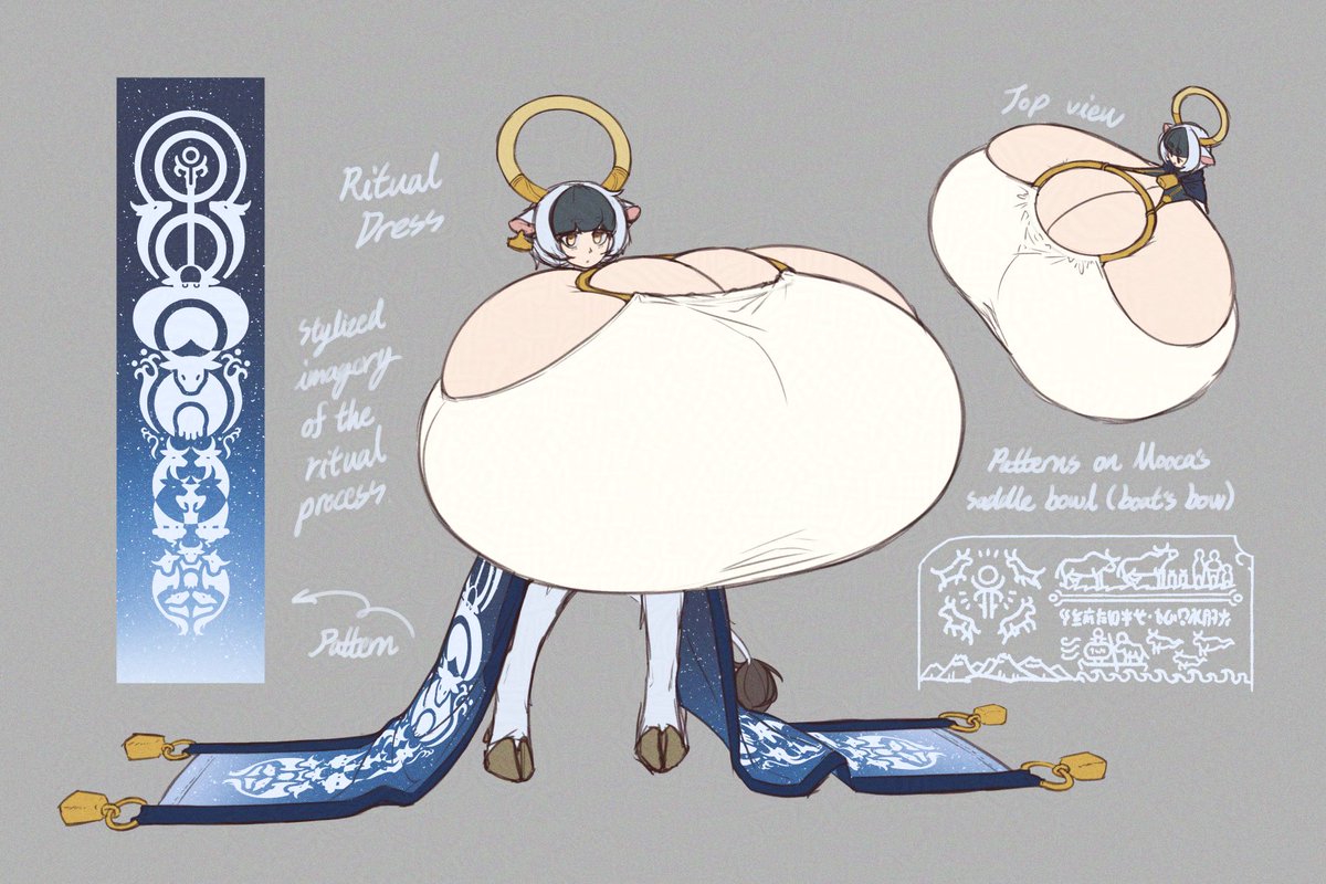 ACL_ColuColu's tweet photo. Honestly wasn't expecting the amount of interests people had for my PC Latte, so here's some more of her that weren't included last time. Some notes on how she utilize the rings on her usual top, and her ceremonial dress along with some visuals of the cow souls ascension ritual. https://t.co/f6uLQIl8G2