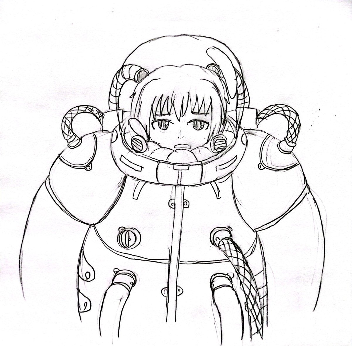 アナログの落書き。
分厚い宇宙服を着た女性の落書き。